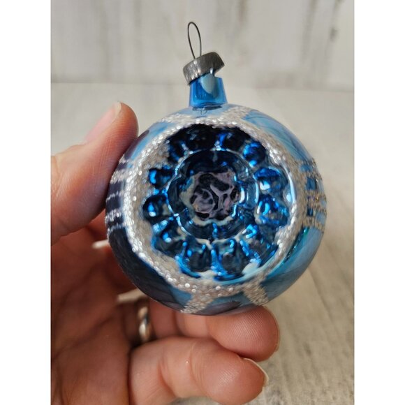 Vintage blue glitter indent ball mercury glass ornament Xmas silver glitter tree - Picture 1 of 8